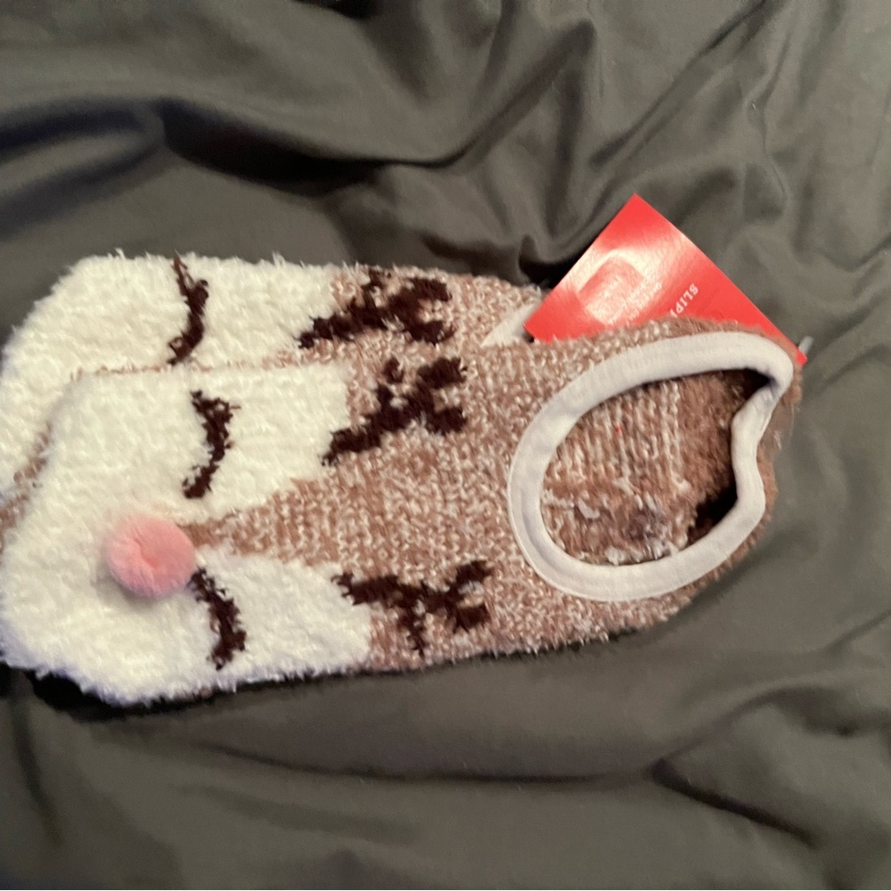 Cute Holiday Target Fuzzy Reindeer Christmas grip Socks - Brown and White